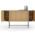 Modern Brown Storage Cabinet With Metal Frame And Decorative Vases On Top