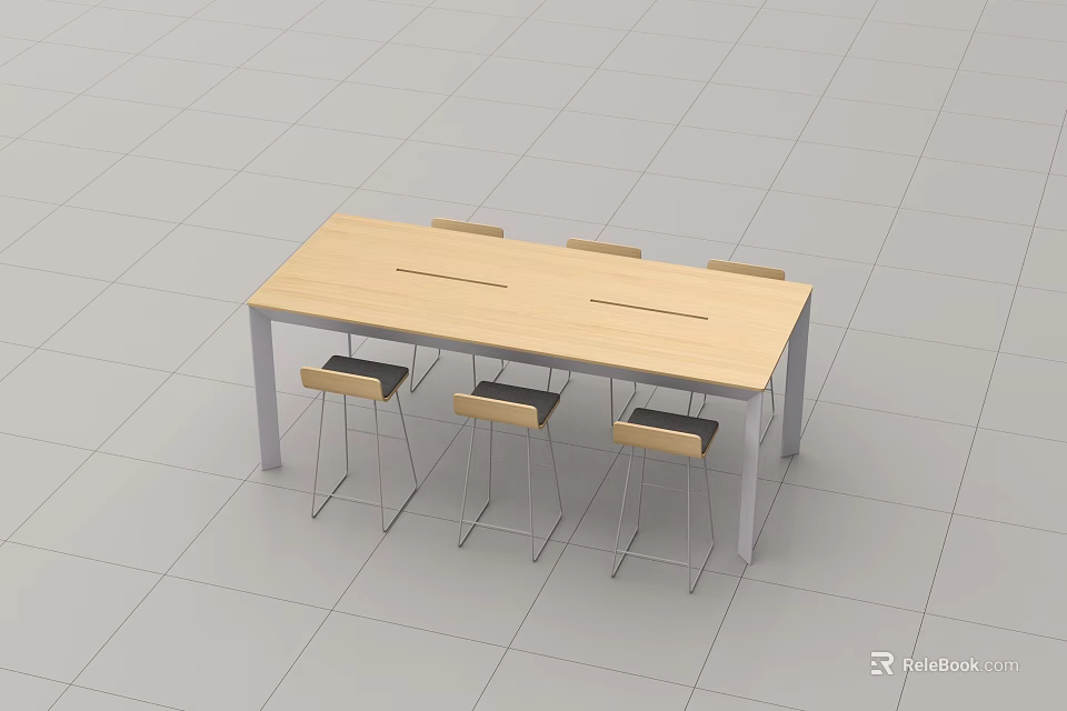 Modern Rectangular Wooden Dining Table With Metal Legs And Black Bar Stools 3d model