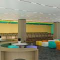 Modern Conference Room With Colorful Seats Large Screen Podium And Bright Lighting