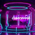 Cyberpunk Stage With Purple Blue Neon Lights Rings And Geometric Decorations