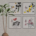 Four Traditional Chinese Ink Wash Botanical Paintings with Lotus and Orchid on Wall