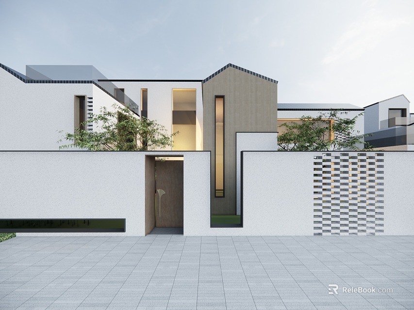 Modern Detached Villa Featuring White Exterior Gray Roof Open Courtyard Green Plants and Geometric Fence 3d model 
