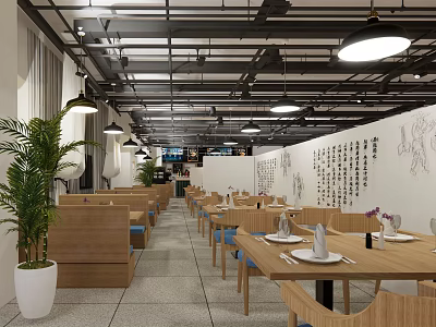 Cozy Restaurant Interior With Wooden Tables Chairs Pendant Lights Green Plants And Wall Calligraphy 3d model