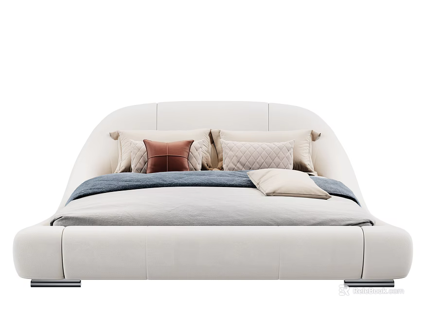 Modern White Upholstered Double Bed With Cozy Pillows And Soft Blanket 3d model
