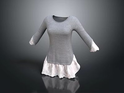 Gray Long Sleeve Top Featuring White Lace Cuffs And Ruffled Hem 3d model