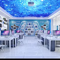 School Technology Classroom With Blue Starry Sky Ceiling Projector Bookshelves Computers and White Desks Chairs