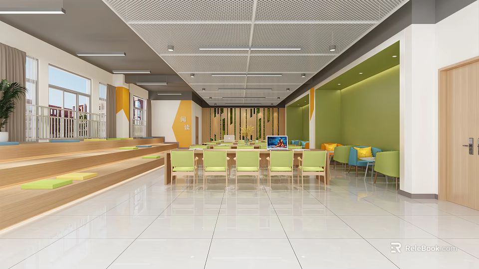 Bright Spacious Indoor Activity Area With Green Yellow Walls Wooden Step Seats And Green Chairs 3d model 