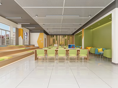 Bright Spacious Indoor Activity Area With Green Yellow Walls Wooden Step Seats And Green Chairs 3d model