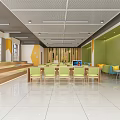 Bright Spacious Indoor Activity Area With Green Yellow Walls Wooden Step Seats And Green Chairs