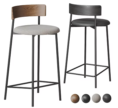 Modern Bar Stools Featuring Wooden Backrest Upholstered Seat Metal Legs And Brown Black Gray Colors 3d model