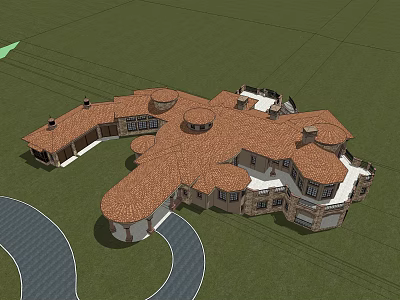 Single Family Villa With Red Tile Roof Curved Design Winding Driveway And Green Lawn 3d model