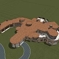 Single Family Villa With Red Tile Roof Curved Design Winding Driveway And Green Lawn