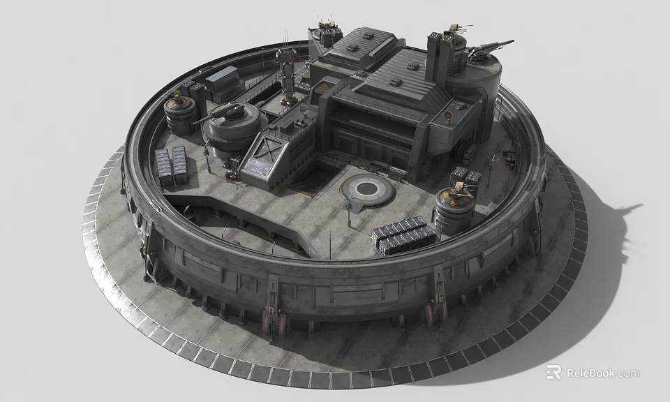 Futuristic Gray Industrial Circular Base Structure With Multi Level Platforms And Equipment 3d model