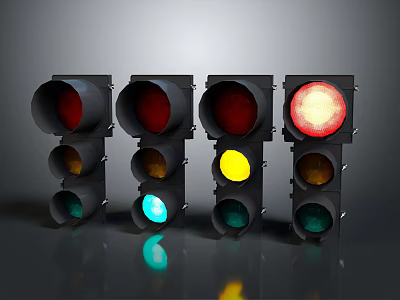 Traffic Lights With Red Yellow Green Illuminated Signals In Row 3d model