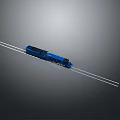 Detailed Blue Model Train on Straight Tracks with Gray Background