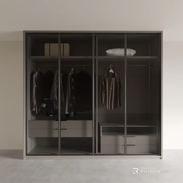 Modern Wardrobe With Sliding Glass Door Design Hanging Clothes Drawers And Shelves 3d model 