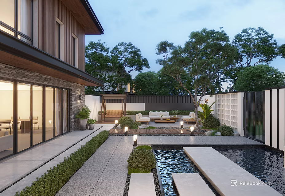 Modern Courtyard Garden With Water Feature Stone Pathways Outdoor Seating And Lush Greenery 3d model 