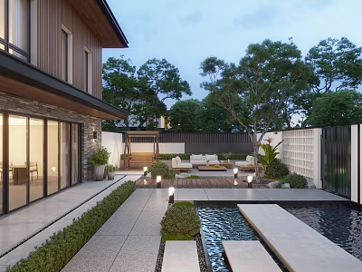 Modern Courtyard Garden With Water Feature Stone Pathways Outdoor Seating And Lush Greenery 3d model