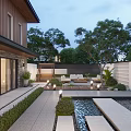 Modern Courtyard Garden With Water Feature Stone Pathways Outdoor Seating And Lush Greenery