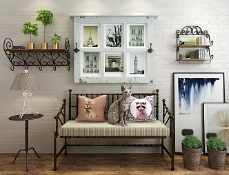 American Double Sofa Balcony Wrought Iron Sofa Wrought Iron Shelf Green Planting 3d model