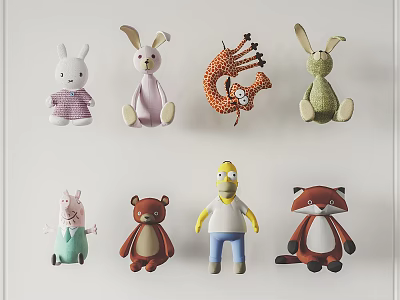 Cute Plush Stuffed Toys with Various Animal and Cartoon Character Designs 3d model