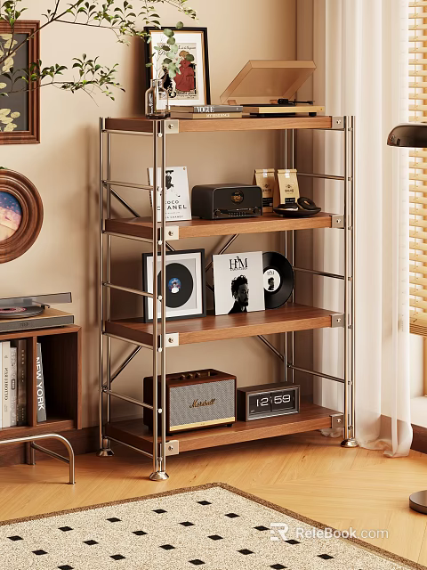 Metal Frame Wooden Tiered Shelf Displaying Vinyl Records Radio Clock And Decor Items 3d model 