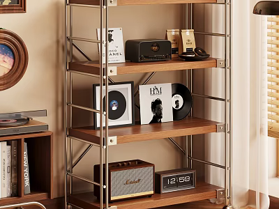 Metal Frame Wooden Tiered Shelf Displaying Vinyl Records Radio Clock And Decor Items 3d model