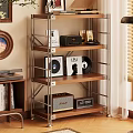 Metal Frame Wooden Tiered Shelf Displaying Vinyl Records Radio Clock And Decor Items