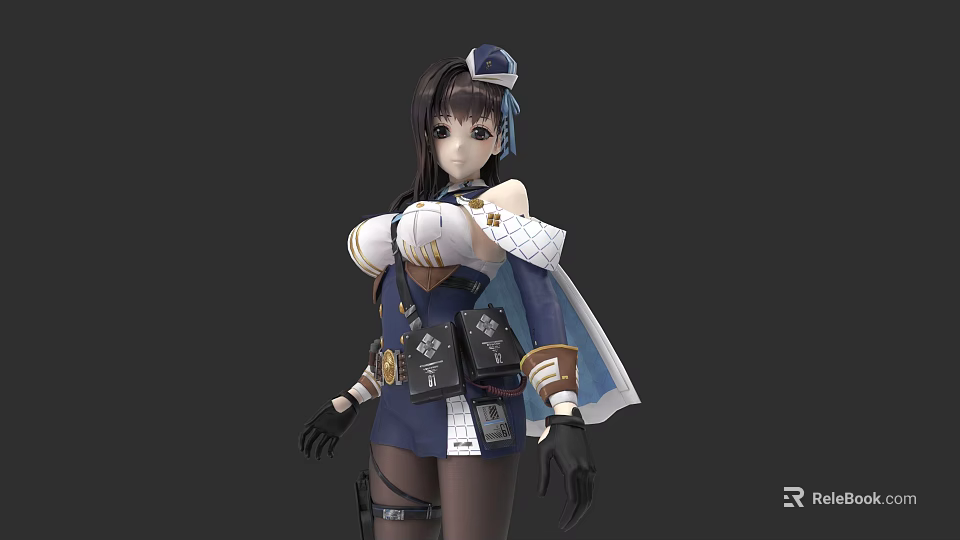Game And Movie Character With Long Dark Hair Blue White Outfit Cape Gloves Ornate Accessories 3d model 