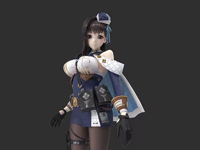 Game And Movie Character With Long Dark Hair Blue White Outfit Cape Gloves Ornate Accessories 3d model
