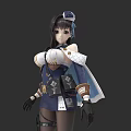Game And Movie Character With Long Dark Hair Blue White Outfit Cape Gloves Ornate Accessories