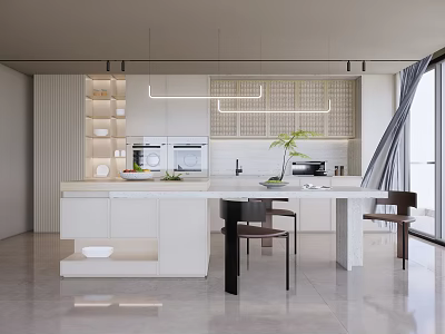 Modern Kitchen Interior With Spacious Island Counter Cabinets And Pendant Lighting Fixtures 3d model
