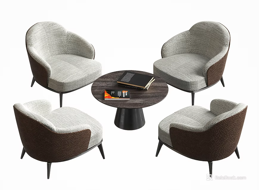 Modern Table and Chair Set with Light Gray Dark Brown Chairs Round Table and Notebook 3d model