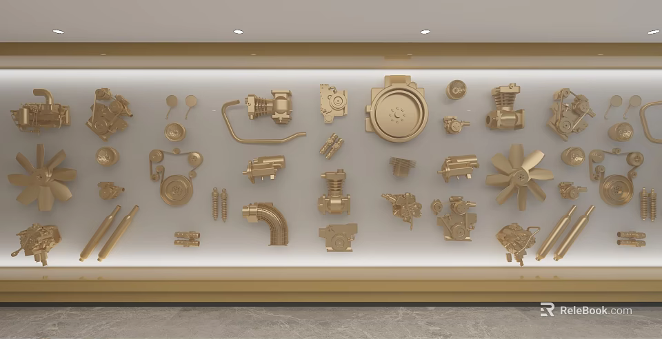 Artistic Gold Background Wall Decorated With Various Mechanical Parts And Decor Elements 3d model 