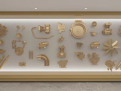 Artistic Gold Background Wall Decorated With Various Mechanical Parts And Decor Elements 3d model