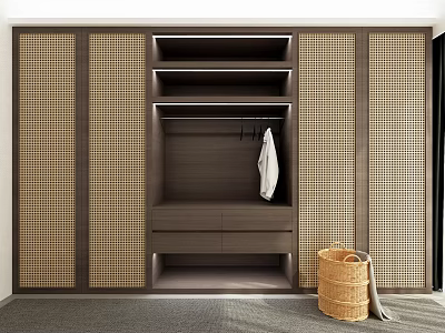 Modern Wardrobe Interior Design With Dark Wood Open Shelves Drawers Wicker Basket And White Shirt 3d model