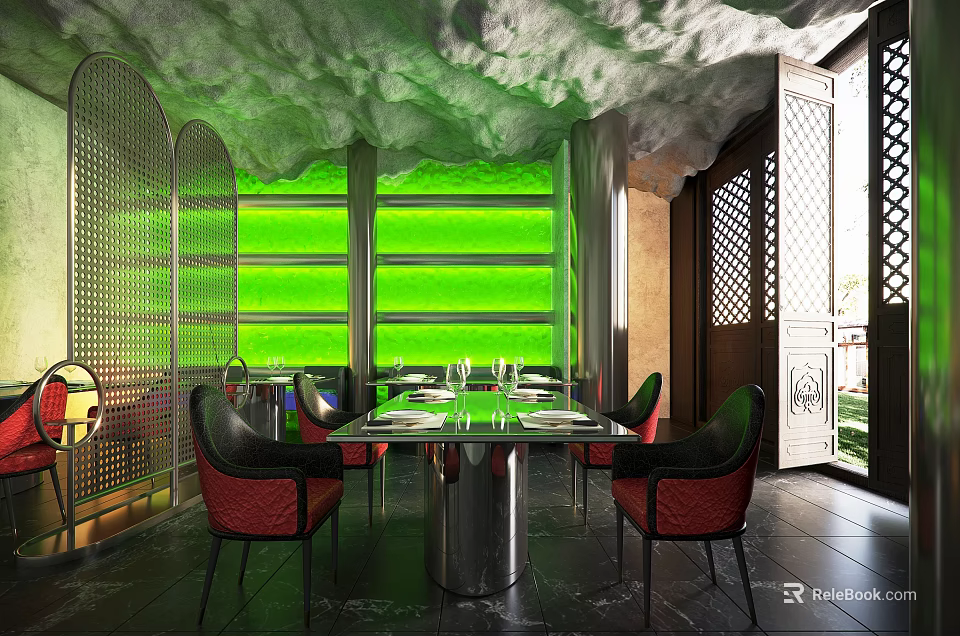 Elegant Private Dining Room With Green Windows Red Chairs Cloud Like Ceiling And Lattice Screens 3d model 