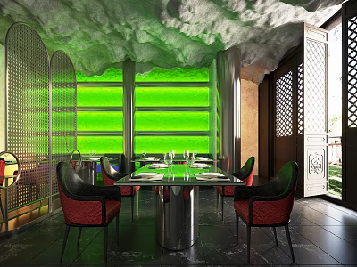 Elegant Private Dining Room With Green Windows Red Chairs Cloud Like Ceiling And Lattice Screens 3d model
