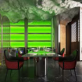 Elegant Private Dining Room With Green Windows Red Chairs Cloud Like Ceiling And Lattice Screens