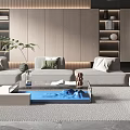 Modern Minimalist Living Room Interior With Beige Sofa Wooden Bookshelves And Coffee Table