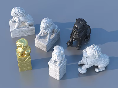 Various Lion Sculptures With Stone Bases In White Black And Gold Colors 3d model