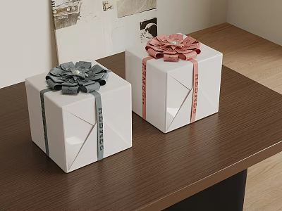 Two White Gift Boxes With Gray And Pink Bows And Decorative Ribbons On Wooden Table 3d model