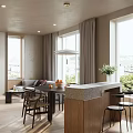 Modern Living And Dining Interior With Woven Seat Chair Wooden Shelves Wall Painting Window View