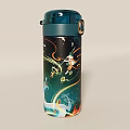 Stylish Vacuum Flask With Blue Lid And Colorful Artistic Patterns On Body