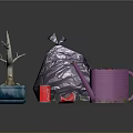Dead Tree Branch On Blue Base With Purple Bag Red Cans And Purple Trash Bin