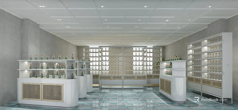Specialty Store Interior With Shelves Displaying Bottled Products Tile Floor And Ceiling Lights 3d model 