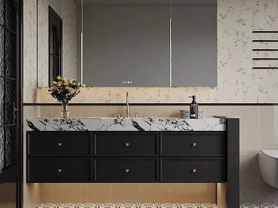 Modern Bathroom Interior With Black Vanity Marble Countertop Mirror Pendant Lights And Patterned Wall 3d model