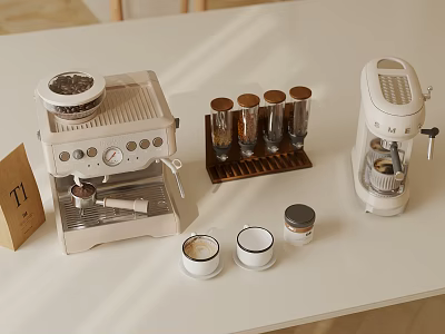Stylish Home Daily Electrical Appliances With Coffee Machine Jars Cups And Rack On Tabletop 3d model