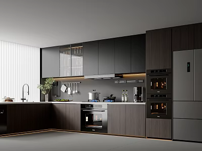 Modern Kitchen Interior With Dark Cabinets Stainless Steel Appliances And Sleek Countertop 3d model