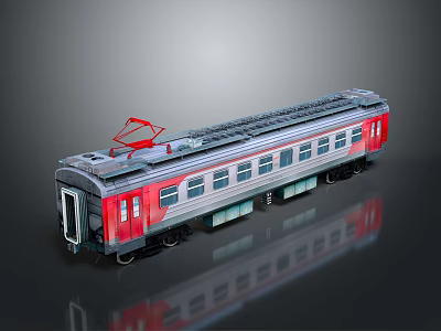 Silver And Red Electric Model Train With Carriages And Reflection On Dark Background 3d model